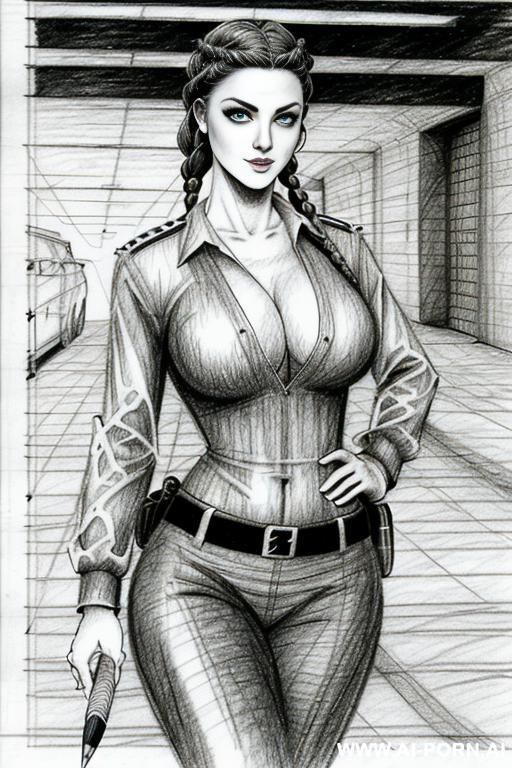 ((((mediun body shot)))) ((((image comic-drawing pencil style)))) down level shot boobs close up ((((landscape underground parking )))) ((((security guard)))) ((((walking sexy pose)))) ((((looking at the - #main