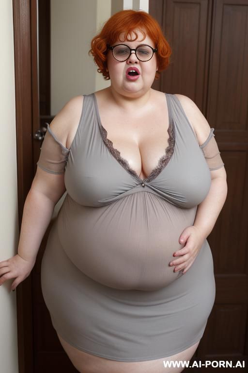 half body photo shot close up. a ((british obese fat bbw redhead)), ((thick with love handless)). ((wearing a nigth elegant very micro dress and hot form)). she is smiling - #main
