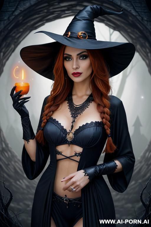 sexy witch (front view) ((keep face)) bombshell, wide hips, muscular thighs (beautiful sexy face) alluring smile (eye contact) finely detail, highly detailed face, highly detailed eyes, sexy eyes, - #main
