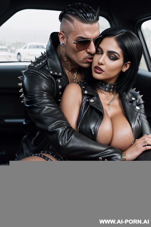 ((((arab rap woman hugging and kissing a very handsome fifty year old muscular punk man on the lips)))) (((((((gigantic tits))))))) and (((long hair))), (((makeup))) , (((tight spiked studded black - #main
