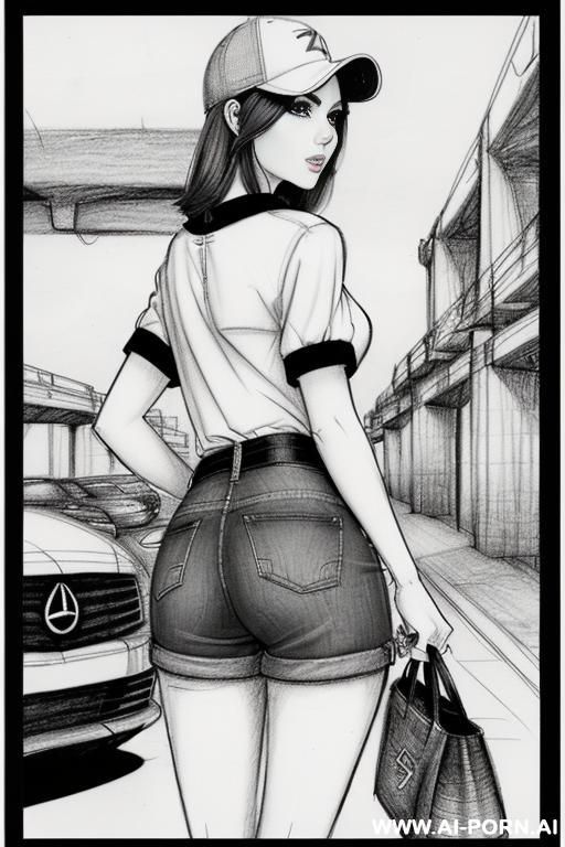 landscape a under ground parking , (((image comic-drawing pencil style))) (((medium body shot))) long, chuby, (((confused))) brunette pixie haircut (sexy slut) (from behind) (((in the underground - #main