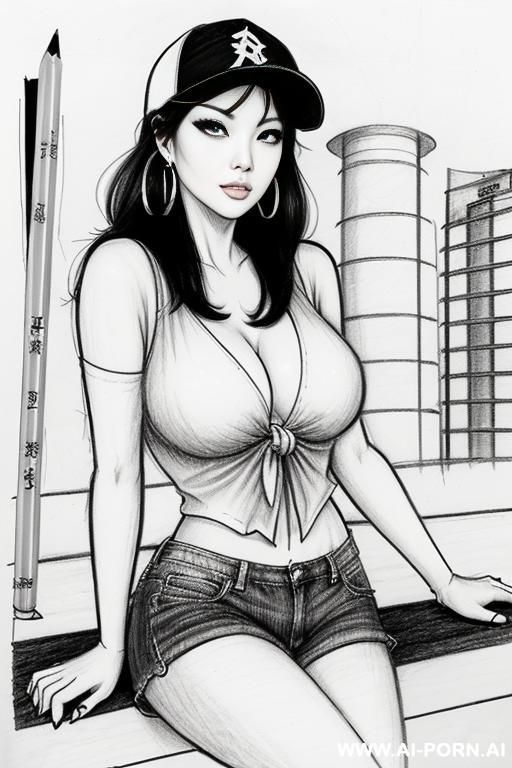 landscape a under ground parking , (((image comic-drawing pencil style))) (((medium body shot))) (hoop earrings) long, chuby, (((confused))) brunette pixie haircut (sexy slut) ((((japanese woman)))) - #main