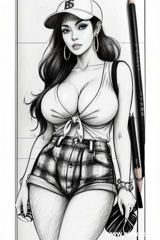 at the under ground parking , (((image comic-drawing pencil style))) (((medium body shot))) (hoop earrings) long, chuby, (((confused))) brunette pixie haircut (sexy slut) ((((japanese woman)))) (((huge - #main