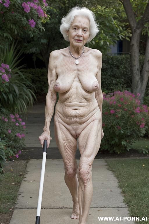 totally naked very older woman, sagging skin, very old body, a very old woman walking with a cane in the hospital garden, very sagging skin. show pinc sagging pussy. - #main