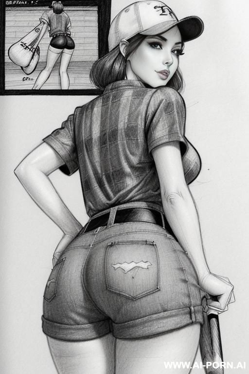 (((image comic-drawing pencil style))) (((close up cheky ass shot))) long, chuby, brunette pixie haircut (sexy slut) (from behind) (((in the underground parking))) (walking sexy) (short-sleeved shirt - #main