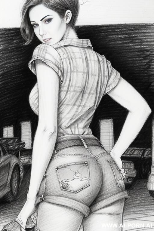((((landscape a under ground parking)))) (((image comic-drawing pencil style))) (((close up ass shot))) brunette pixie haircut (sexy slut) (from behind) (walking sexy) (short-sleeved shirt with a knot - #main