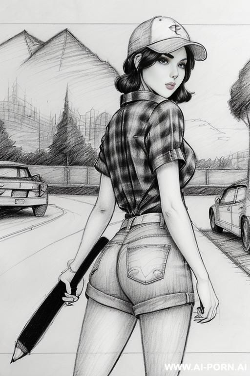 ((((landscape a under ground parking)))) , (((image comic-drawing pencil style))) (((close up ass shot))) brunette pixie haircut (sexy slut) (from behind) (walking sexy) (short-sleeved shirt with a - #main