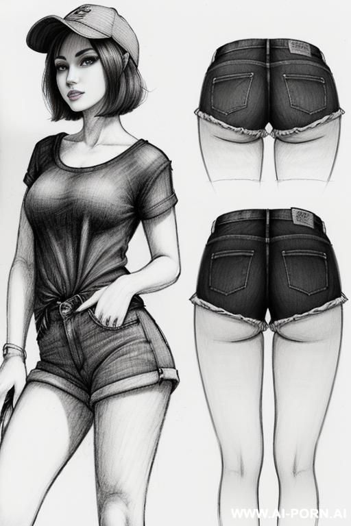 landscape a under ground parking , (((image comic-drawing pencil style))) (((close up ass shot))) brunette pixie haircut (sexy slut) (from behind) (walking sexy) (short-sleeved shirt with a knot at - #main