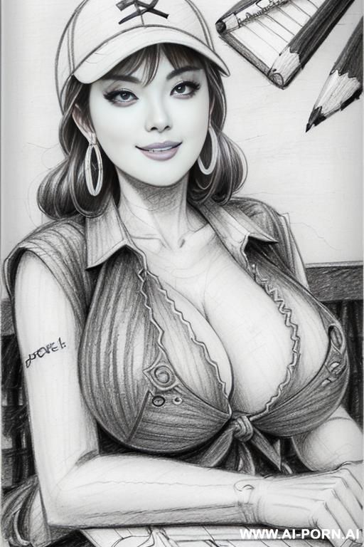 ((((image comic-drawing pencil style))) ((((boobs close up)))) , (((medium body shot))) , (hoop earrings), brunette pixie haircut, (sexy slut) , ((((japanese woman)))) , ((((huge eyes)))) , (((most - #main