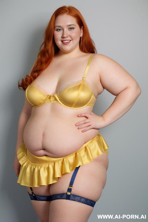 half body photo shot close up. a ((british obese fat bbw redhead)), ((thick with love handless)). ((wearing a yellow sexy and hot garter belt lingerie, and a dark-blue ruffle silk micro-skirt)). she is smiling - #main