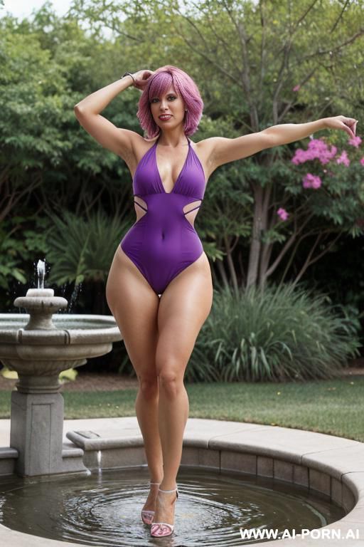 gorgeous milf, ((massive tis)). (firm body), ((firm thighs)), (((simple 1piece swimsuit))) ((extremly sexy swimsuit very cutted)) (in a suburban backyard) ((arms up)) ((arms up)) ((open legs)) ((pussy show)) - #main