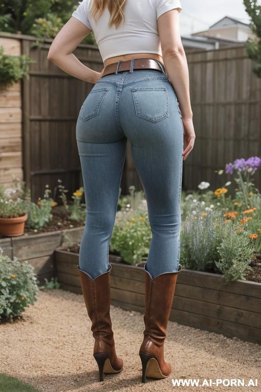 beauty, dark-blue vintage mom jeans, belt, white top, brown ridding flats long boots, ((view form the ground)), ((extra low angle)), spread butt, ((full body view)), from behind, ((extra zoom on ass)), ((garden backyard)), without makeup - #main