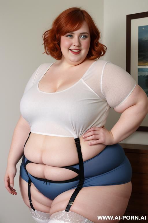 white woman, rotund body, huge, supermodel, pear shaped, lovehandless, obese, tummy, short hair, huge legs, massive hips, high rise (garter belt stockings), eye contact, huge arms - #main