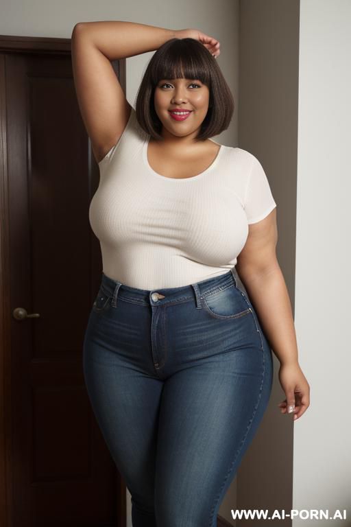 black woman, rotund body, huge, supermodel, pear shaped, long hair, huge legs, massive hips, high rise jeans, eye contact, (arms up) - #main