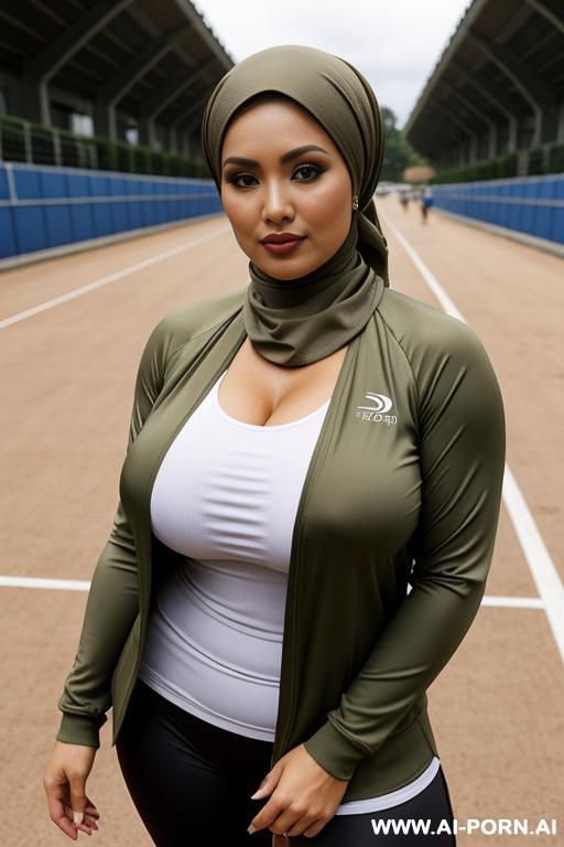 milf, voluptuous body figure, indonesian, sunda ethnicity, light olive skin, pashmina style jilbab, wearing stylish pashmina jilbab, sport jacket, wearing tracktop. fully clothed, no cleavage, covered. sporty natural massive saggy breast. at running track - #main