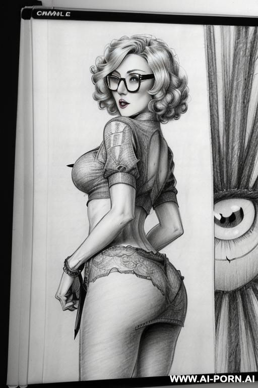 ((((mediun body shot)))) ((((image comic-drawing pencil style)))) down level shot boobs in closedup ((((from behind)))) ((((in the photography studio)))) ((((photography camera)))) ((((hate face)))) ((((huge - #main