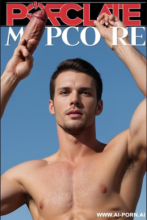 porno magazine cover: completely naked athletic man with a very long penis in an erect state. show a long penis in an erect state. a man is masturbating his big penis. - #main