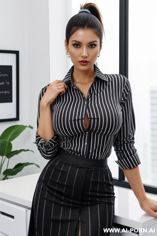 ((striped office shirt)), black skirt, big tits ((fully clothed)) - #main