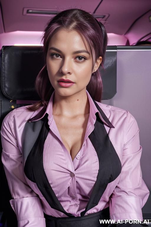 ((magenta office shirt)), black skirt, big tits, ((air hostess uniform)), in airplane, ((fully clothed)) - #main