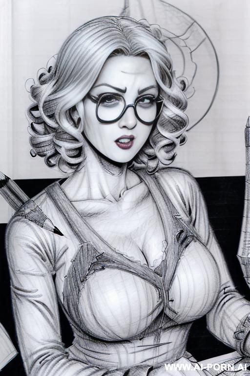 ((((in one panel))) ((((mediun body shot)))) ((((image comic-drawing pencil style)))) down level shot boobs in closedup ((((in the office)))) ((((very angry)))) ((((big eyes)))) pretty italian woman full - #main