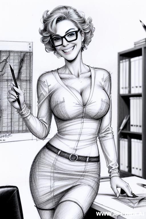 ((((image comic-drawing pencil style)))) ((((medium body shot)))) ((((in the office)))) ((((smiling silly face)))) pretty italian woman full lips, muscle fit , black short skirt , white long-sleeved - #main