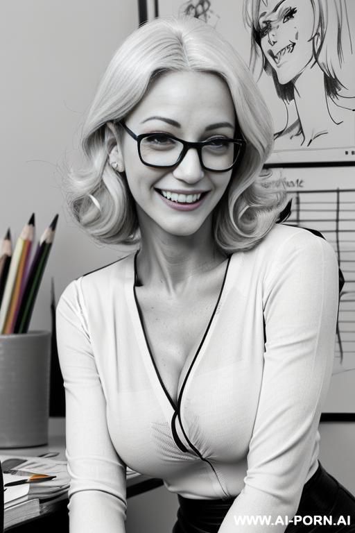 ((((image comic-drawing pencil style)))) ((((closedup face shot)))) ((((in the office)))) ((((smiling silly face)))) pretty italian woman full lips, muscle fit , black short skirt , white long-sleeved - #main