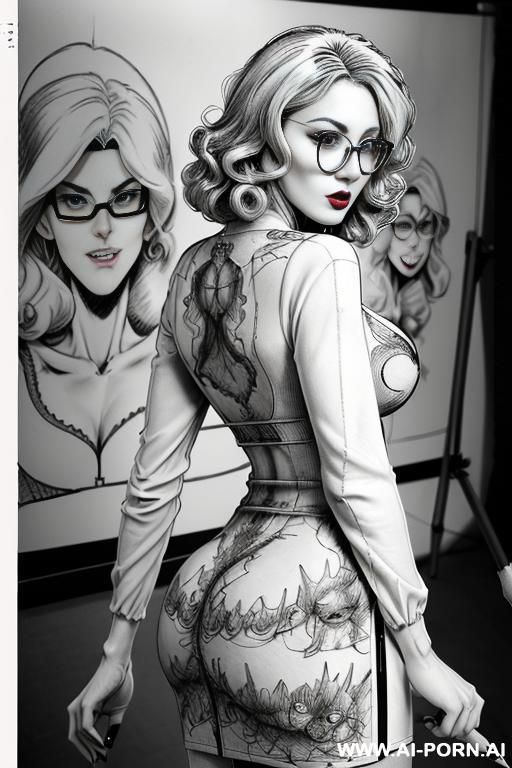 ((((mediun body shot)))) ((((image comic-drawing pencil style)))) down level shot boobs in closedup ((((from behind)))) ((((in the photography studio)))) ((((photography camera)))) ((((hate)))) ((((huge - #main