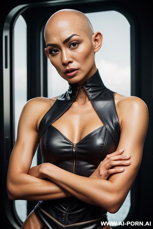side view of great image, photorealistic, smle, pubes, body view, realistic hip size, iatina, side view of proportionate but stocky body, in the fantasy sci-fi skirt suit. totally weared, bald head, side view - #main