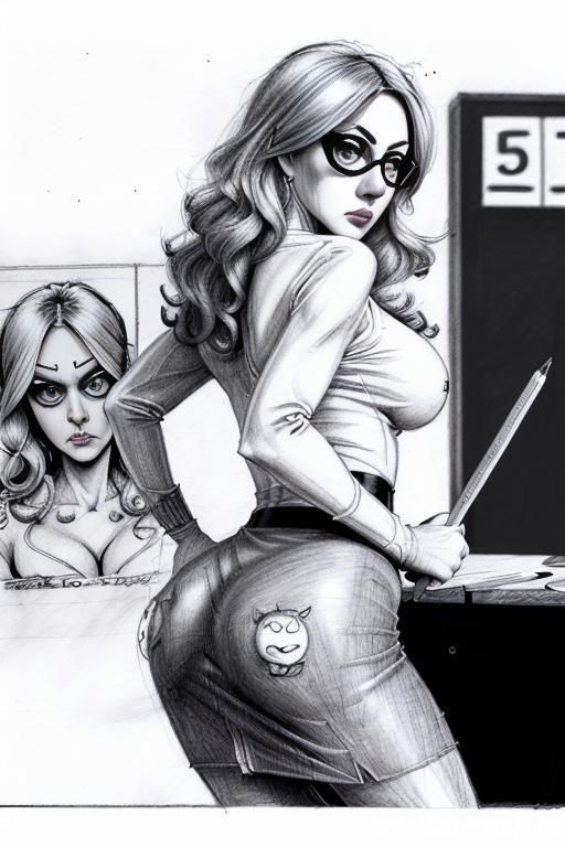 ((((mediun body shot)))) ((((image comic-drawing pencil style)))) ((((in the office)))) ((((big eyes)))) ((((from behind)))) ((((anger face)))) pretty italian woman full lips, muscle fit , black short - #main
