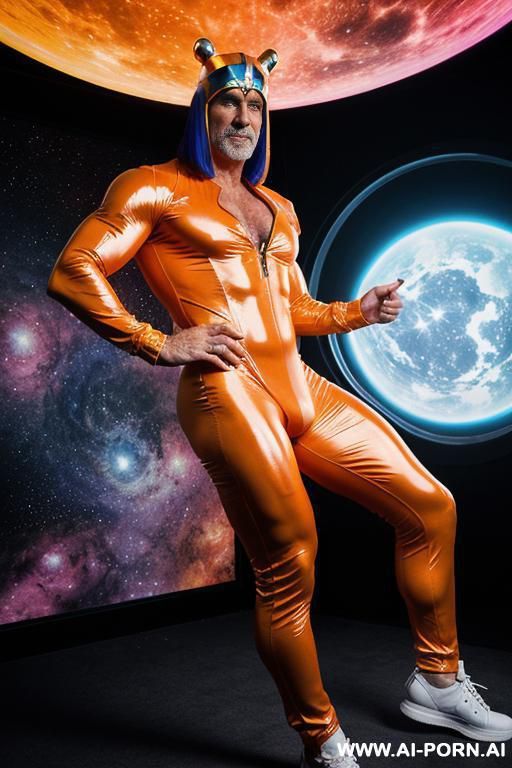 the hyper-muscular old gay, dressed in a fantasy bodysuit, enters the spaceship. his chest, abs, buttocks, arms, and legs are clearly defined, and his huge cock protrudes from under the bodysuit. - #main
