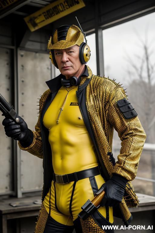 the hyper-muscular old gay, dressed in a fantasy space spiked coat with cables, enters the spaceship. his chest, abs, buttocks, arms, and legs are clearly defined. he wears a sci-fi fantasy cap - #main