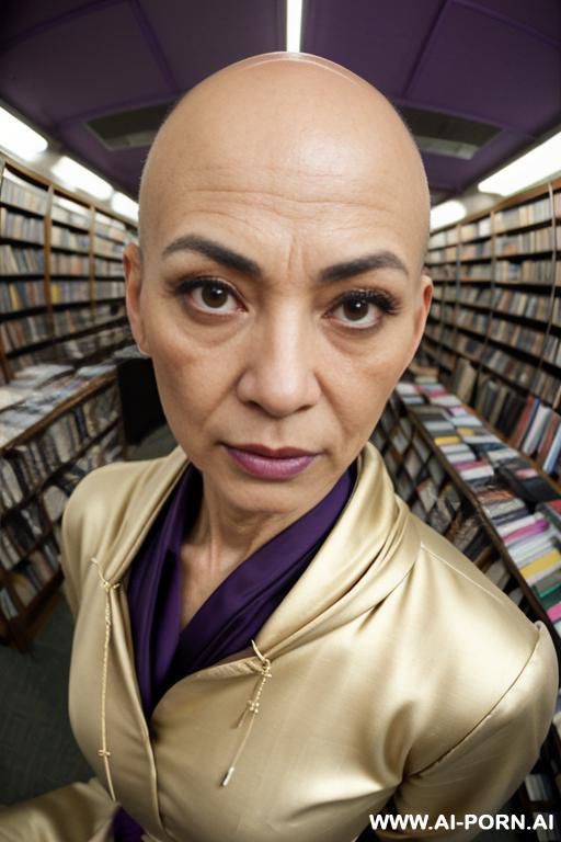 ((((view fish eye lens)))) up level shot forehead in closedup hyperrealism painting: slender bald old japanese librarian, age twenty, ((aa cup teardrop boobs)), on the desert field, bald head, - #main