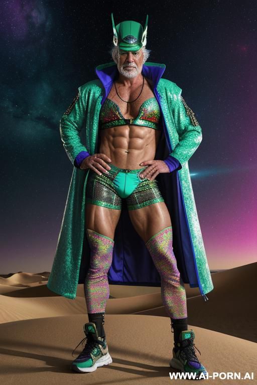 the hyper-muscular old gay, dressed in a fantasy coat with high tech details, enters the spaceship. his chest, abs, buttocks, arms, and legs are clearly defined. he wears a sci-fi fantasy cap on his head and sneakers on his feet - #main