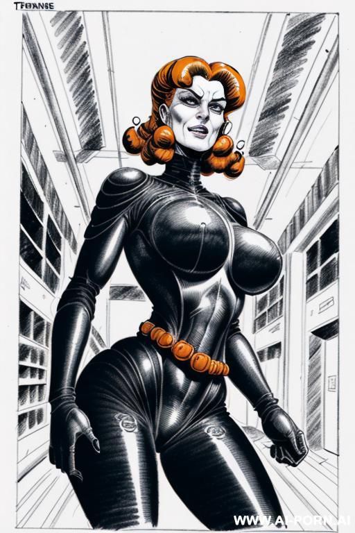 ((((image comic-drawing cartoon style)))) by giger. a ginger sci-fi woman with wide hips is trapped on her back wi the coils of an giant anaconda. ((((image comic-drawing cartoon style)))) in the - #main