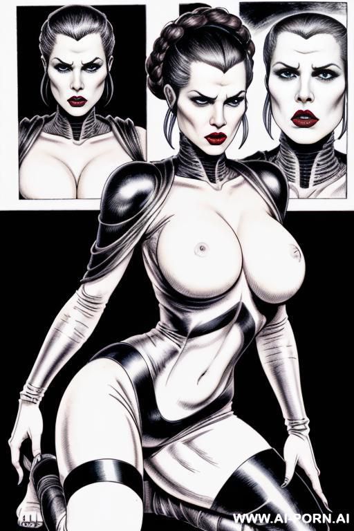 ((((image comic-drawing cartoon style)))) by giger. show two lesbian super model porn stars, two busty lesbians, beautiful super model face , lesbians itting while other sci-fi lesbian kneeling by - #main