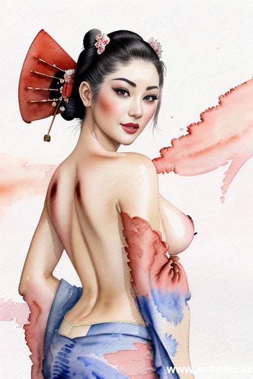 ((((image comic-drawing watercolor style)))) down level shot (((( face)))) ((((seductive gaze)))) ((((geisha)))) smile , shocked face , ((((from the front)))) bending over standing on , ((((kimono over - #main