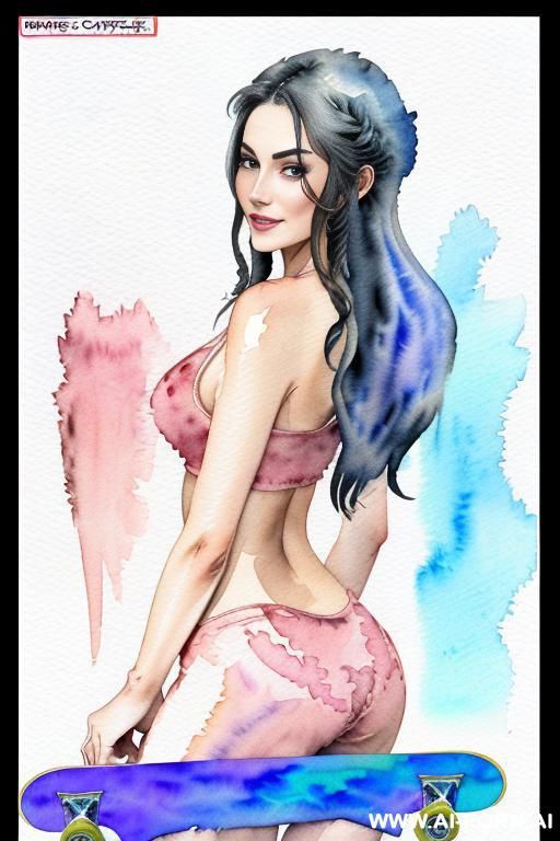 ((((image comic-drawing watercolor style)))) ((((at the street)))) ((((skate board)))) ((((image comic-drawing watercolor style)))) down level shot boobs in closedup ((((seductive gaze)))) from behind pretty - #main