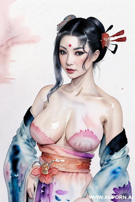 ((((image comic-drawing watercolor style)))) ((((porcelain skin)))) ((((pretty tits)))) ((((seductive gaze)))) ((((geisha)))) smile , shocked face , standing on , ((((open kimono over the shoulders)))) , - #main