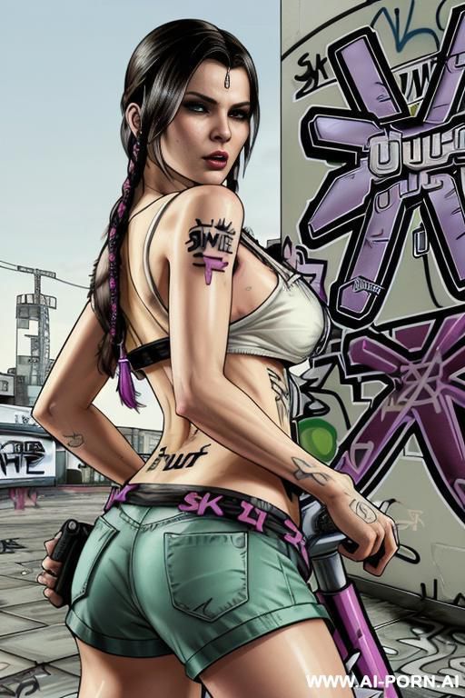 ((((image comic-drawing grand theft auto style)))) down level shot boobs in closedup ((((sky landscape)))) at the outdoor in the roller park ((((seductive gaze)))) from behind pretty italian woman - #main