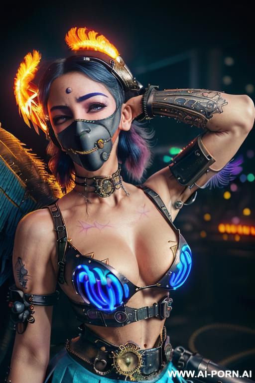 ((((masterpiece)))), (((woman sitting))), (glowing red eyes), (long blue purple and white hair with a flower), ((crop top white collar shirt with red tie)), ((((flaming angel wing)))), ((navy formal - #main