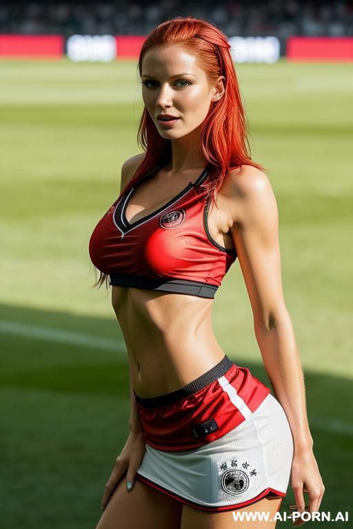 (german) football woman, perky tits, tightest naughty soccer uniform sports thong and enhancing sports bra, sexy red hairy pussy, horny look on her face. - #main