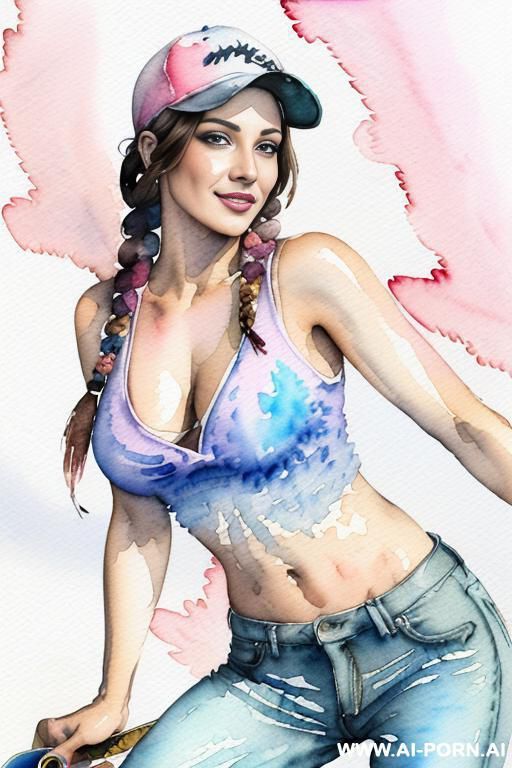 ((((at the street)))) ((((skate board)))) ((((image comic-drawing watercolor style)))) down level shot boobs in closedup ((((seductive gaze)))) pretty italian woman full lips smile shocked face bending - #main