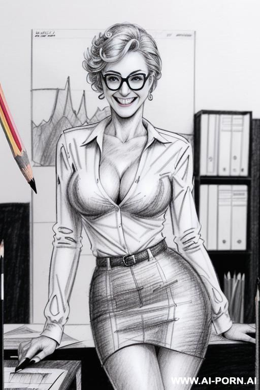 ((((image comic-drawing pencil style)))) ((((medium body shot)))) ((((in the office)))) ((((smiling silly face)))) pretty italian woman full lips, muscle fit , black short skirt , white long-sleeved - #main