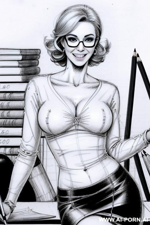 ((((image comic-drawing pencil style)))) ((((medium body shot)))) ((((in the office)))) ((((smile silly)))) pretty italian woman full lips, muscle fit , black short skirt , white long-sleeved shirt on - #main
