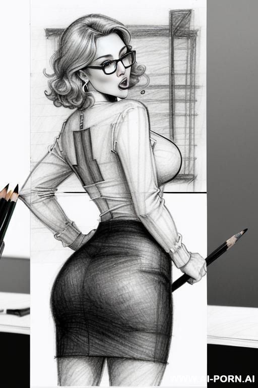((((image comic-drawing pencil style)))) ((((medium body shot)))) (((in the office)))) ((((very serious face)))) ((((from behind)))) ((((open mouth)))) pretty italian woman full lips, muscle fit , black - #main