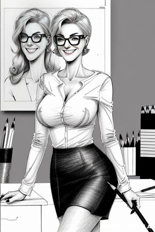 ((((image comic-drawing pencil style)))) ((((medium body shot)))) ((((in the office)))) ((((silly smiling face)))) pretty italian woman full lips, muscle fit , black short skirt , white long-sleeved - #main