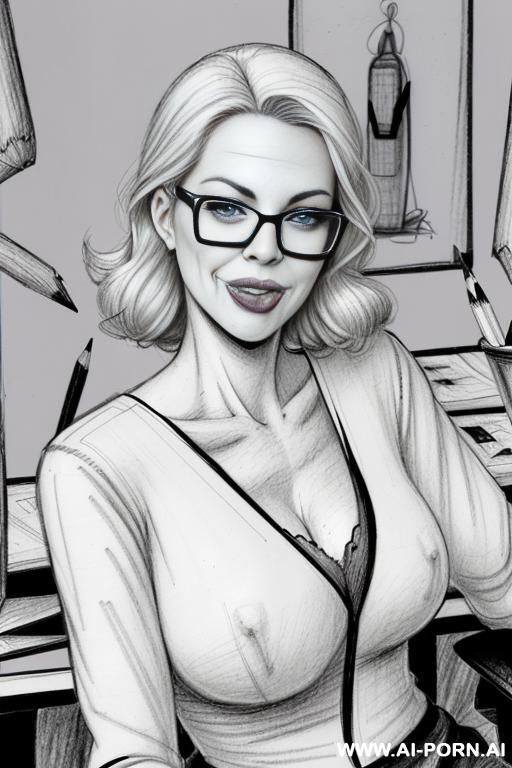 ((((image comic-drawing pencil style)))) ((((medium body shot)))) ((((in the office)))) ((((crooked open mouth)))) ((((silly face)))) pretty italian woman full lips, muscle fit , black short skirt , - #main