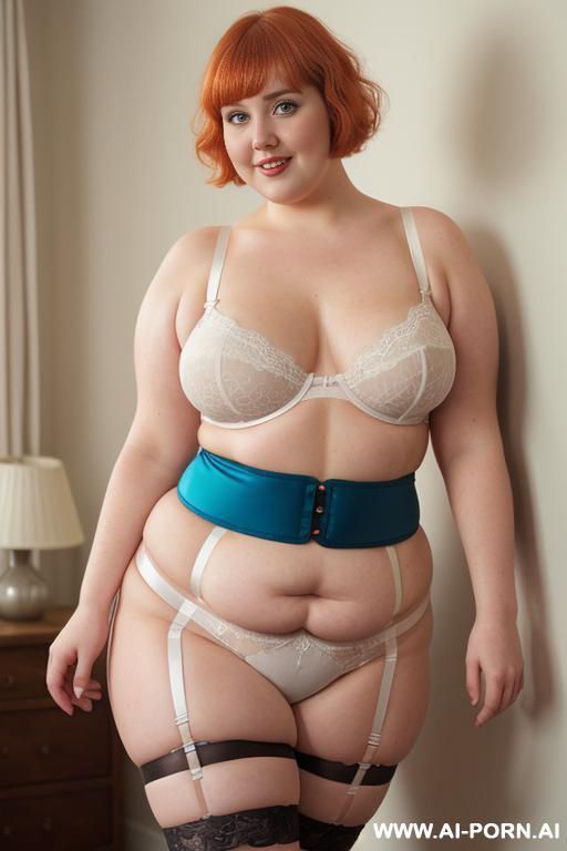 white woman, rotund body, huge, supermodel, pear shaped, lovehandless, very obese, tummy, short hair, huge legs, massive hips, high rise (garter belt stockings), eye contact, huge arms - #main