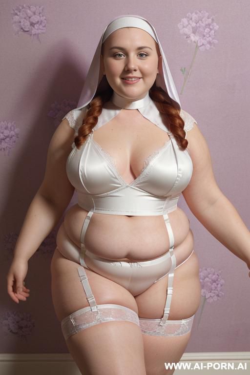 half body photo shot close up. a ((british obese fat bbw redhead)), ((thick with love handless)). ((wearing a violet bright sexy and hot ((nun)) garter belt bride lingerie of flowers, and a silk micro-skirt)). she is smiling, anklet heart - #main