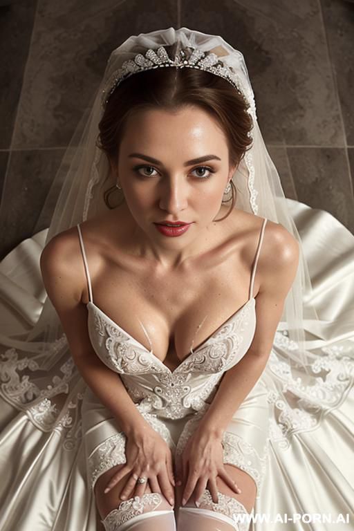 dream fantasy totally naked white bride, white thigh high stockings, wedding veil, flower crown, kneeling down, blowjob, covered in cum - #main